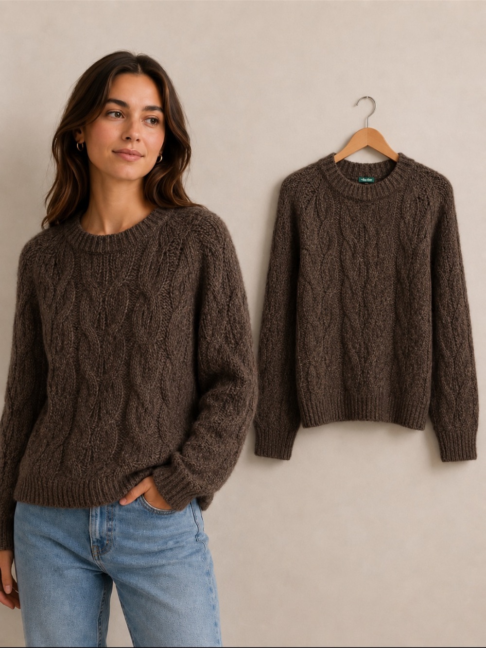 wild fable Chunky Cable Crewneck Sweater in Dark Brown